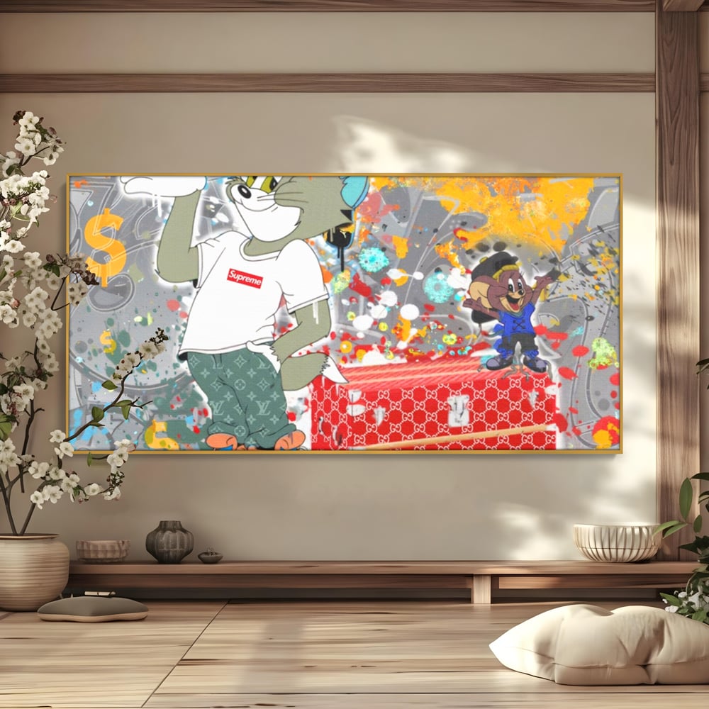 Tablou canvas cu tablou canvas cu tom si jerry, in rama de aluminiu auriu